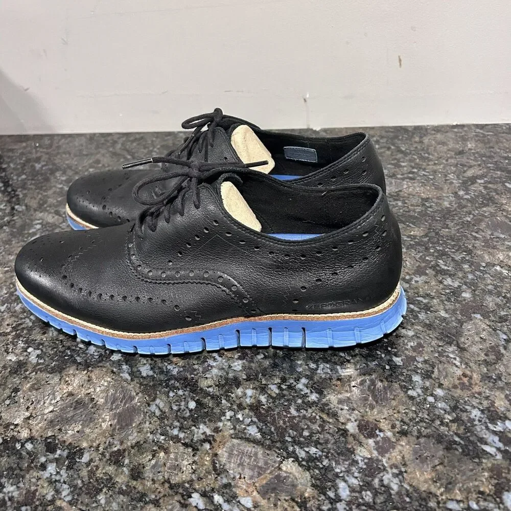 Men 11 M Cole Haan Water Resistant Zerogrand Black Leather Blue Wingtip C23746